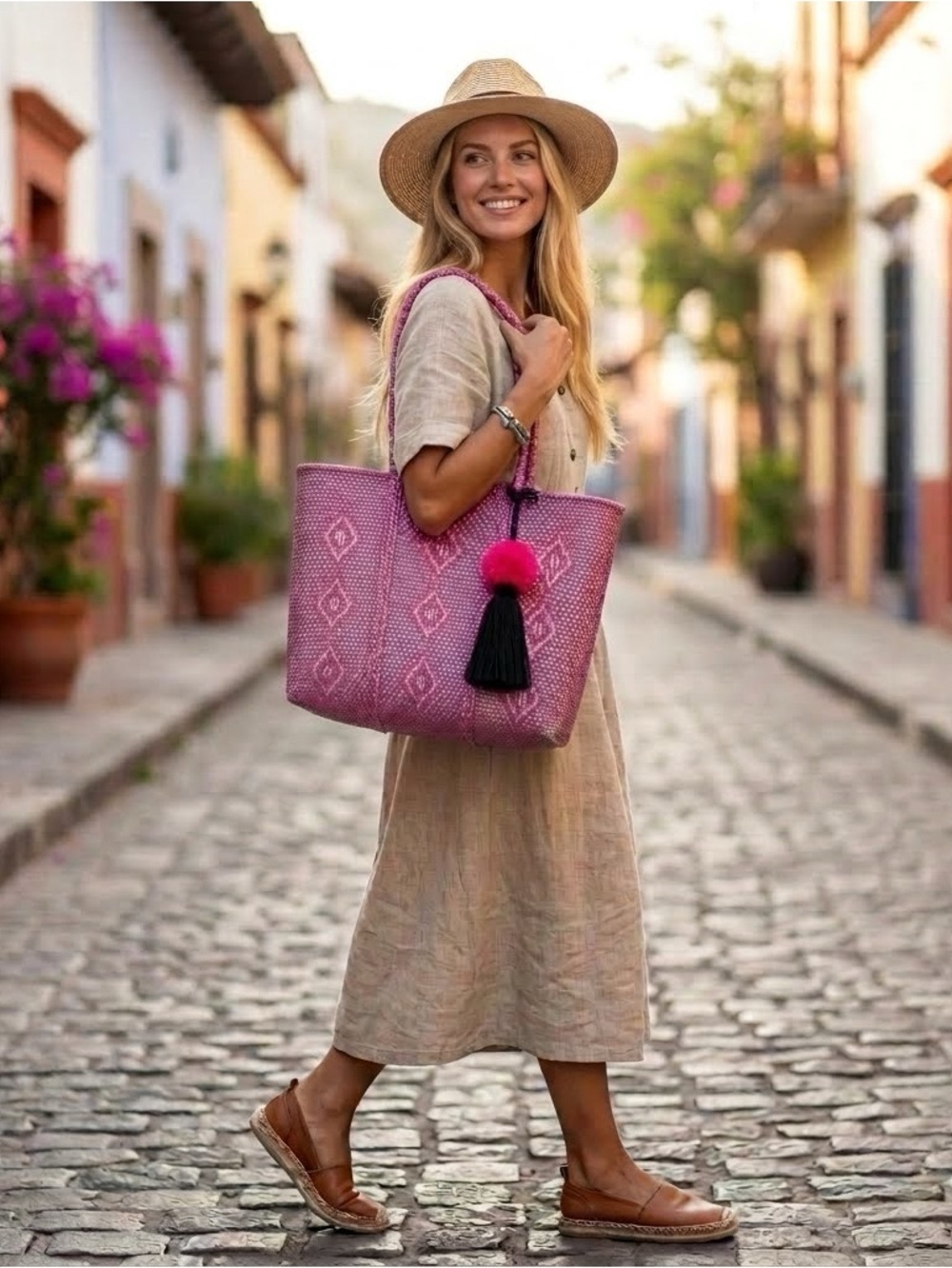 Waterproof Beach tote basket magenta and silver
